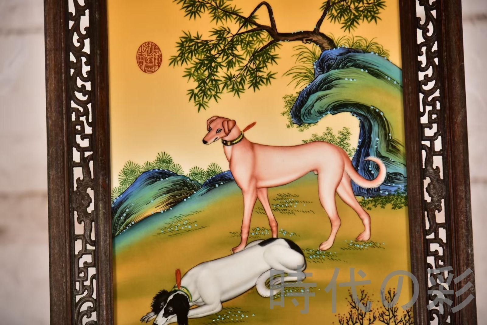 時代の彩】中国古美術 郎世寧様式 黄地粉彩花鳥図 紅木彫花枠 磁板画