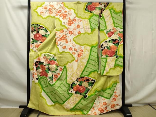 平和屋着物□豪華振袖 駒刺繍 絞り 檜扇草花絵巻文 金彩 正絹