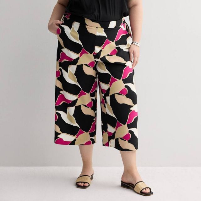 【送料無料】 ナインウェスト レディース カジュアルパンツ ボトムス Plus Size Nine West Pull-On Flowy Wide Leg Cropped Pants Black Mid Abstract