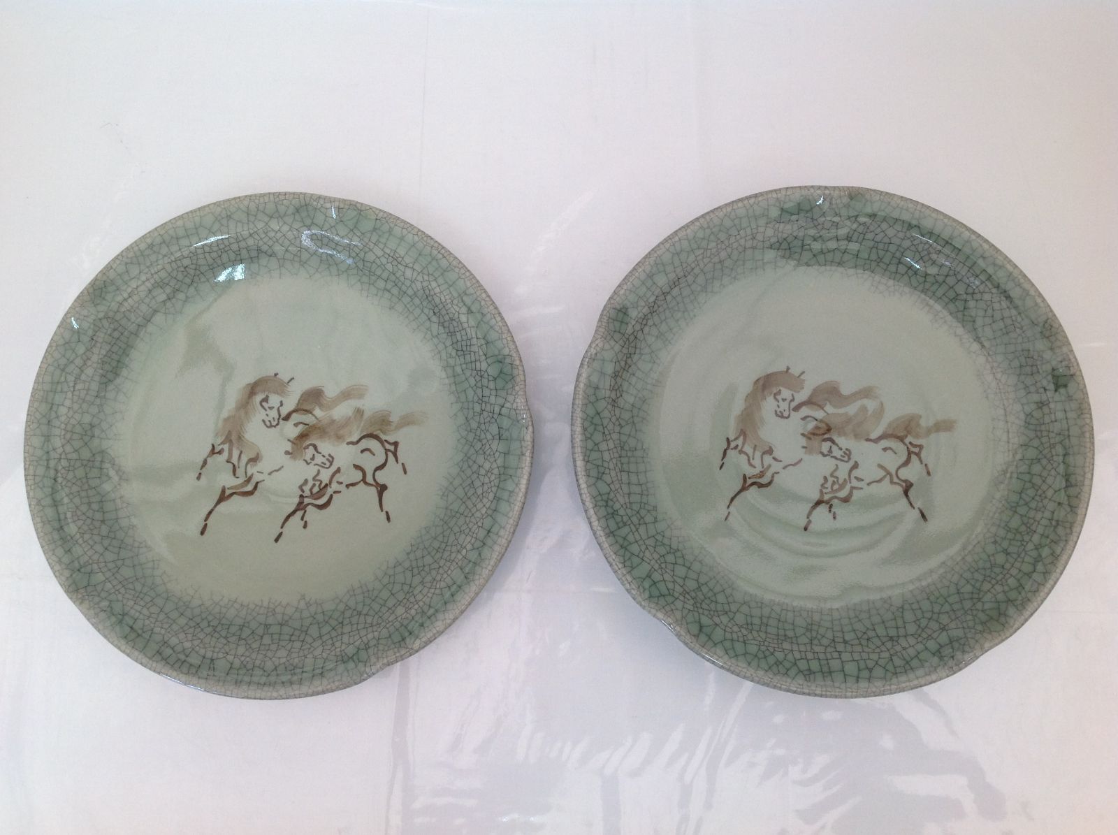 未使用】大堀 相馬焼 貫入陶器 走り馬絵 皿 2枚組 栖鳳窯