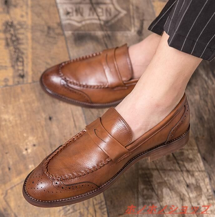 スリッポン 牛革 本革 革靴 紳士靴 ビジネスシューズ 疲れない 歩きやすい メンズ 結婚式 通勤 光沢 靴 24.5~27 送料無料牛革⁄本革モカ27.5cm⁄45ローファー、スリッポンビジネス