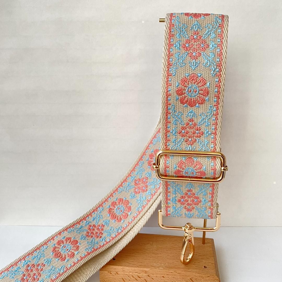 ショルダーベルトのみ 単品 花柄刺繍（ピンク×ベージュ）5cm幅広 太め