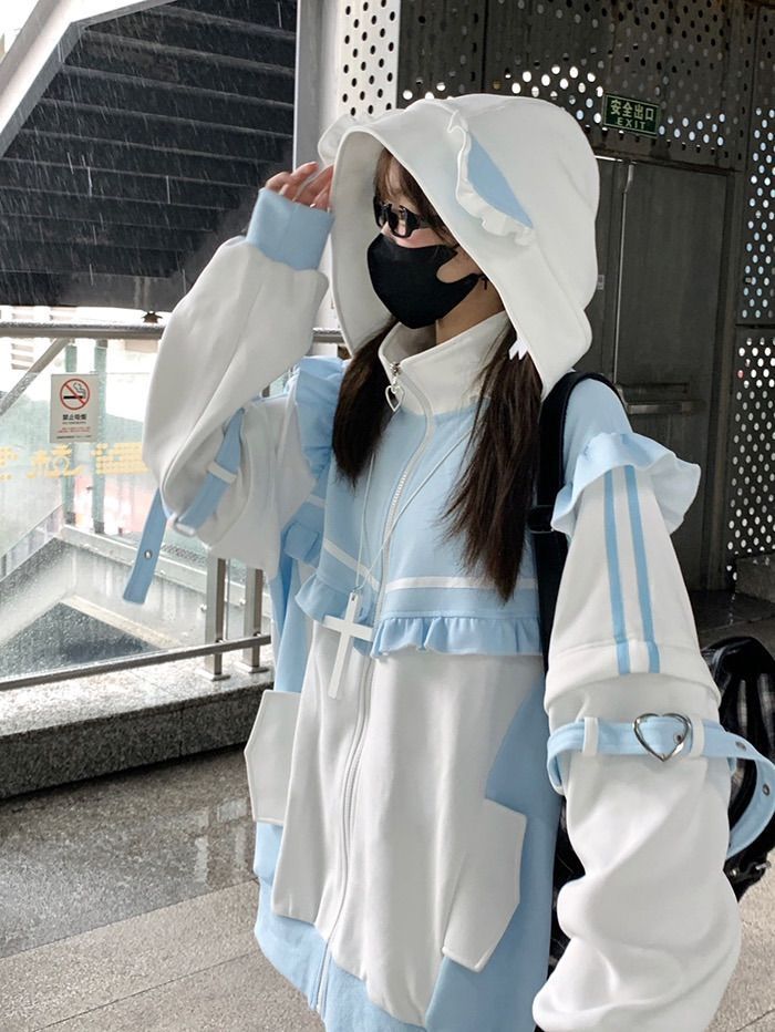 秋 冬 セットアップ 猫耳 フード 天使界隈 サブカル 服 原宿 渋谷 10代 ファッション 人気 ジャージ 水色界隈 白 ブルー