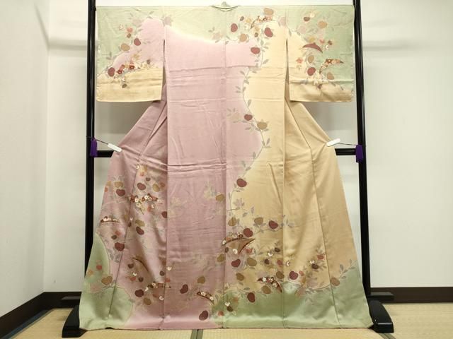 平和屋着物○訪問着 流水風景花鳥文 暈し染め 金銀彩 正絹