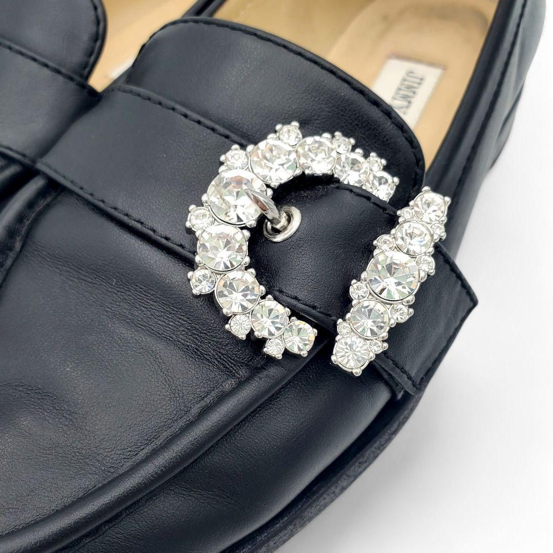 JIMMY CHOO Black Leather Loafers Crystal Buckle CHERI LOAFER
