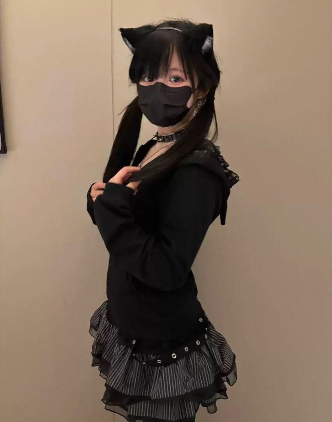 2点セット 猫耳 フーディー 長袖 パーカー 病み かわいい 量産型 地雷系 黒 ブラック 春 夏 秋 日焼け防止 上着 ジャージ