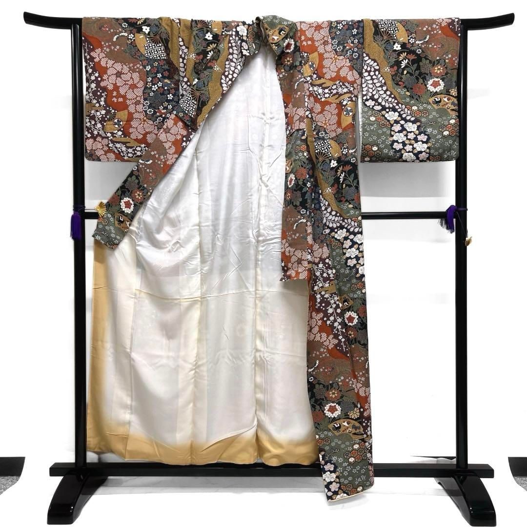 小紋 道長取り 菊 扇 椿 蝶 宝尽くし 伝統模様 鹿の子 着物 104a d