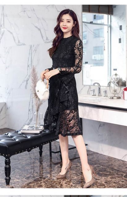 総レース イレギュラーヘム ウエストリボン ドレス パーティードレス