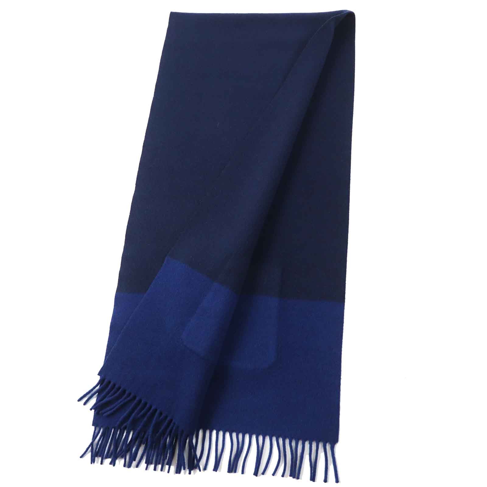 HERMES ネイビー100%カシミヤ フリンジ付きマフラー