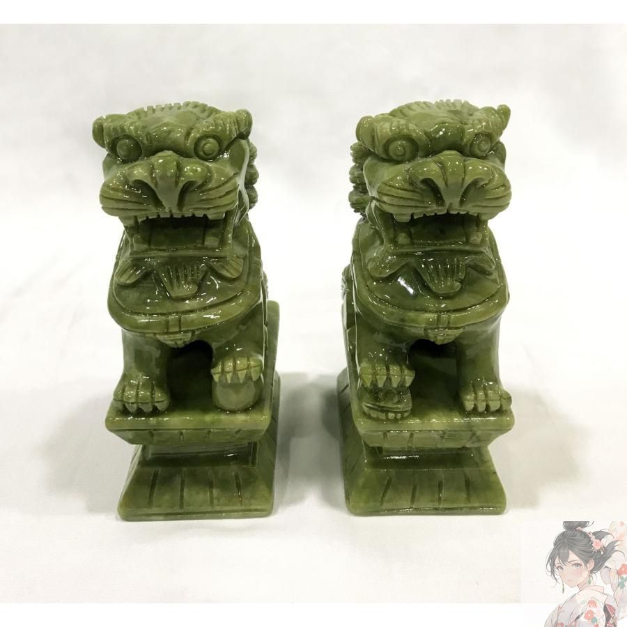 獅子置物 翡翠 新品未使用】獅子 狛犬 シーサー 翡翠 天然石 置物 オブジェ