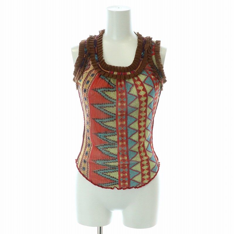 ジャンポールゴルチエ ファム Jean Paul GAULTIER FEMME タンクトップ カットソー ジャストサイズ 短丈 ナイロン フリンジ ラウンドネック シアー 総柄 民族柄 |MP GY18