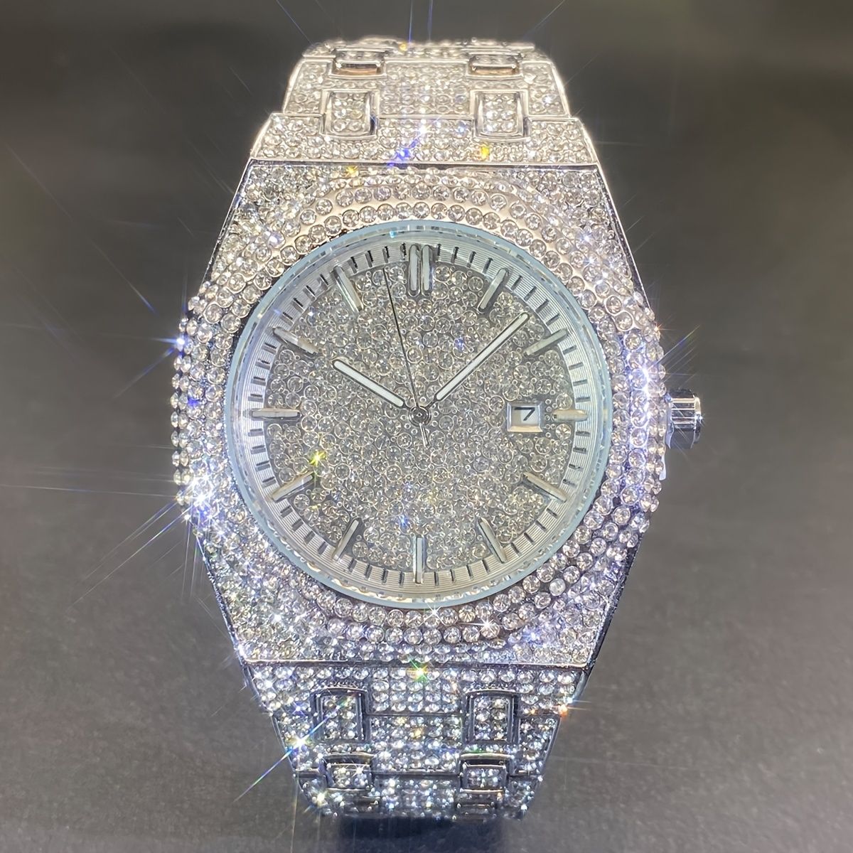 MISS FOX グラム クォーツ 腕時計 メンズ＆ウィメンズ - ヒップホップ キューバンリンク、ルミナス カレンダーとラインストーン アクセント、合金バンド