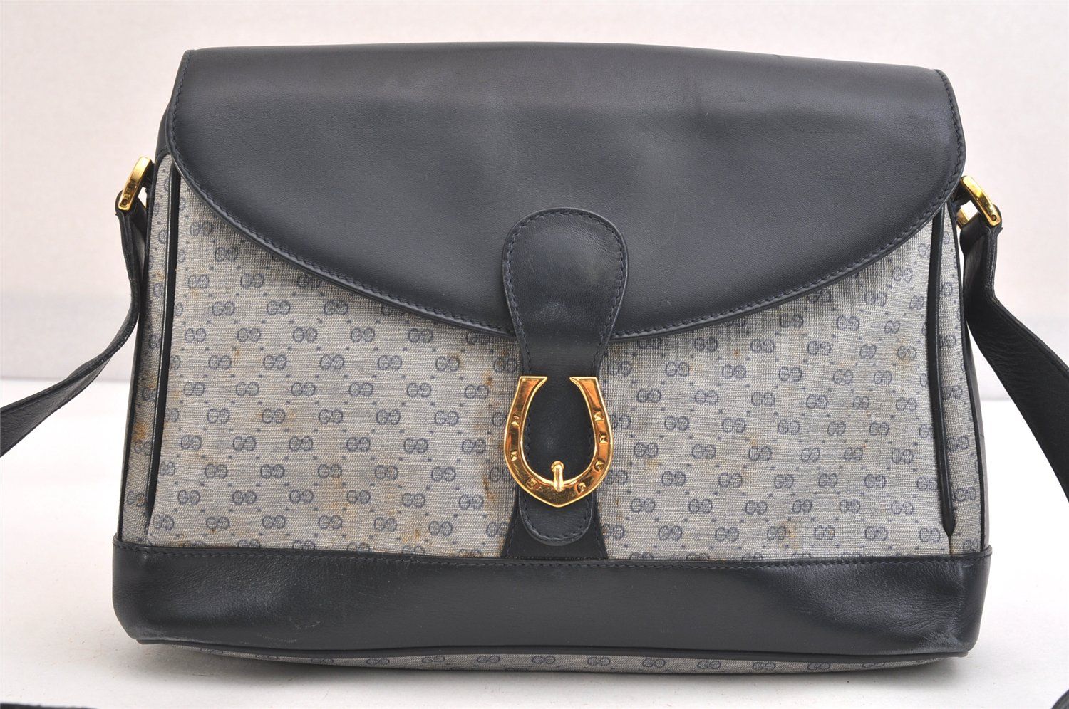 GUCCI グッチ ヴィンテージ マイクロGG ピーブイシー レザー ショルダーバッグ ネイビーブルー ジャンク 2458N