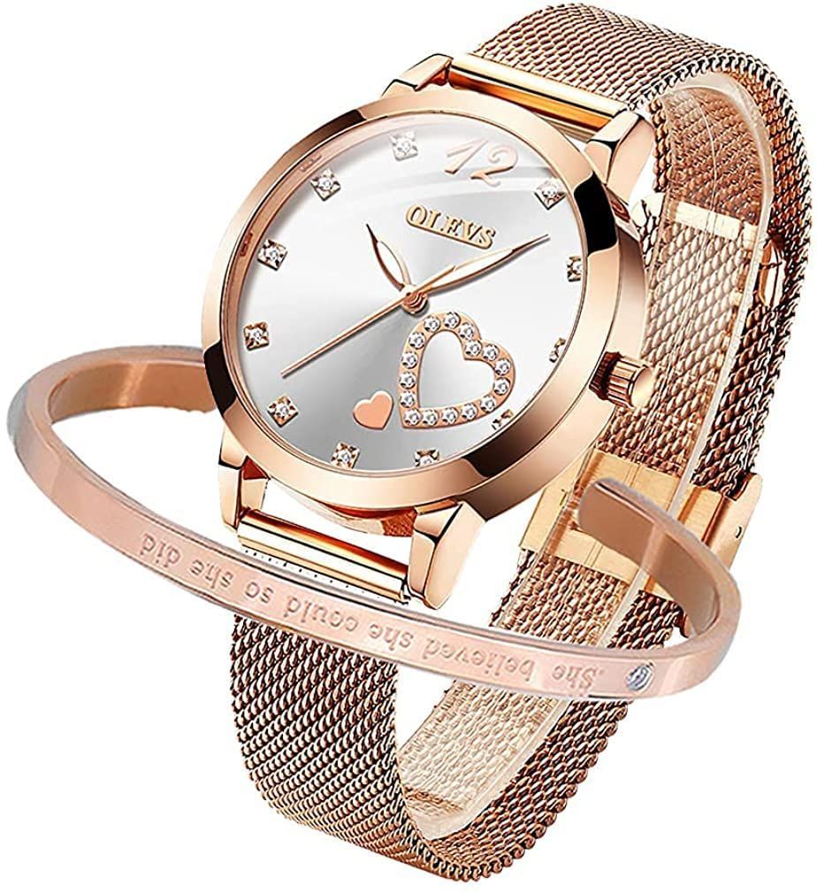 数量 夜光 3気圧防水 カレンダー 時計- ステンレス- ブレスレット付け ゴールド セット-見やすい腕時計 レデイース 腕時計 OLEVS