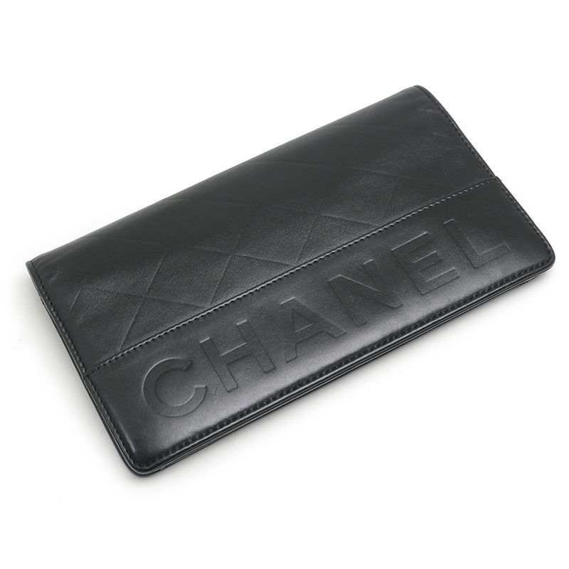 CHANEL ブラックレザー長財布 シャネル CHANEL 2つ折り長財布 レザー ブラック マトラッセ