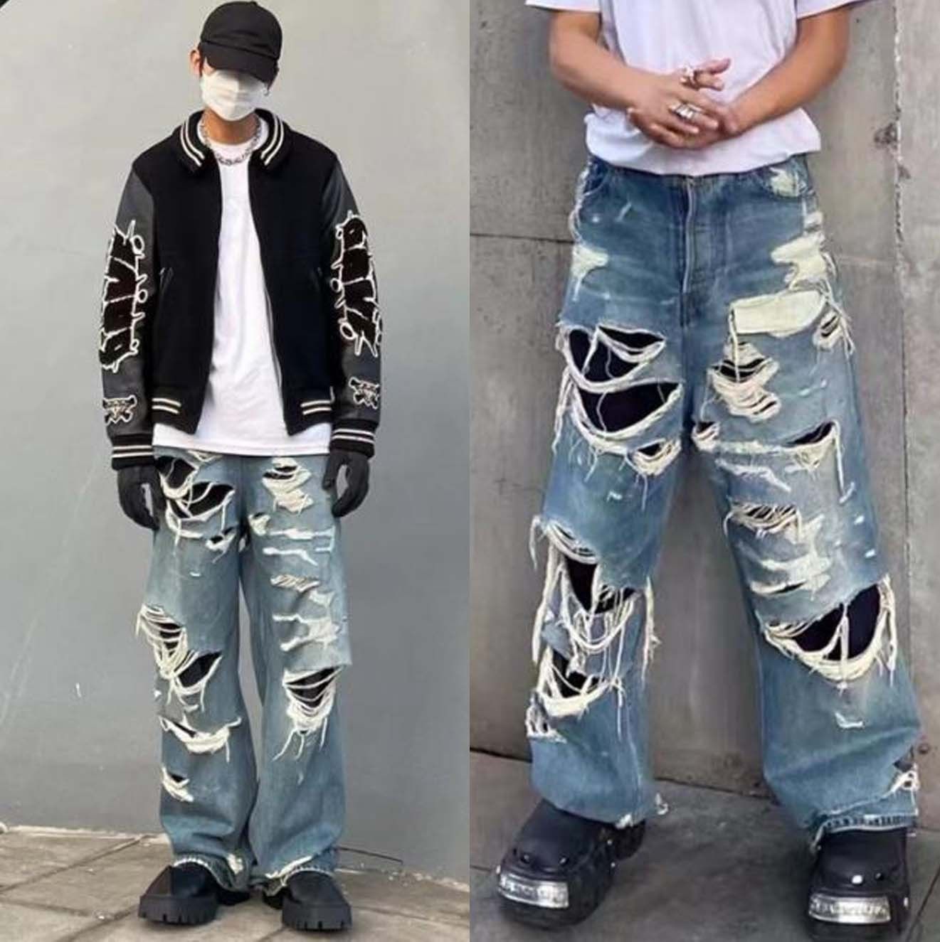 ワイドパンツ 韓国 クラッシュワイドパンツ デニム ストリート