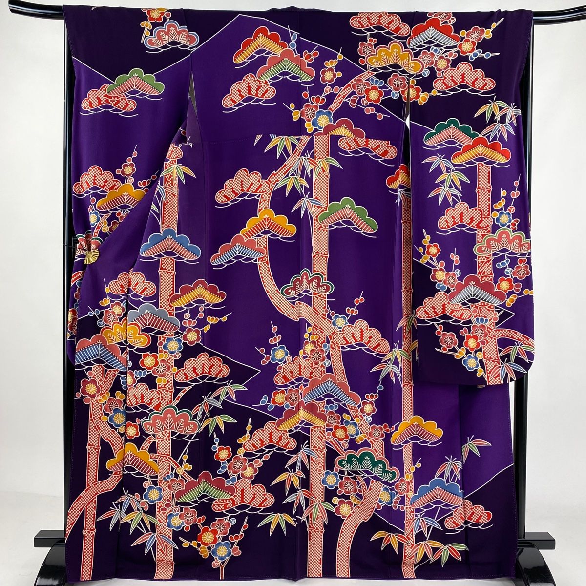 訪問着 身丈160cm 裄丈65cm M 袷 落款あり 松竹梅 濃紫 正絹