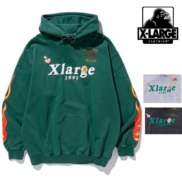 X-LARGE PIGMENT DYLED PUFF LOGO PULLOVER HOODED SWEAT プルオーバー スウェットフーディー メンズ パフプリント トップス 上着
