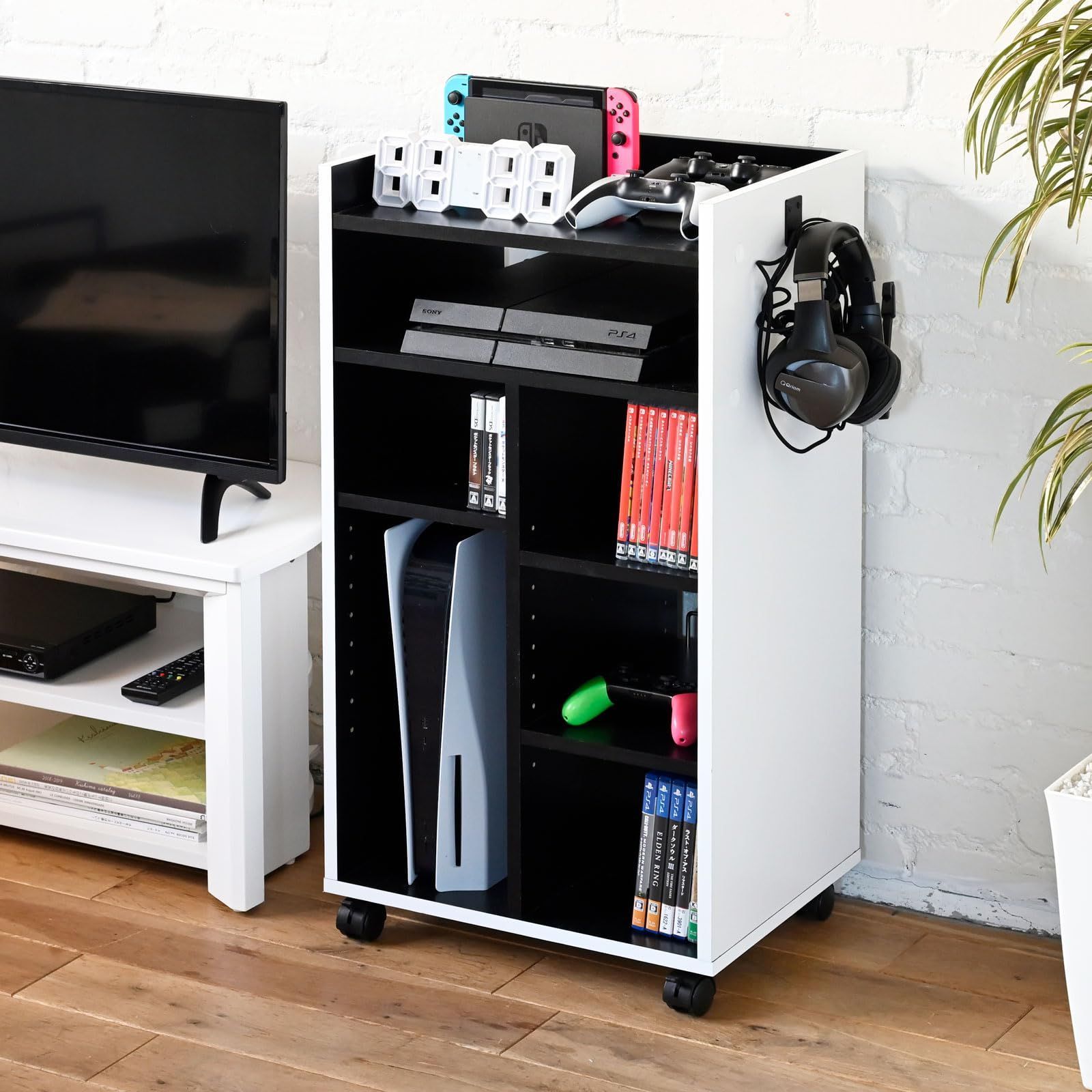 数量 FGR-8545 WH|BK ホワイト|ブラック 組立品 幅45×奥行35×高さ85cm オープンラックサイドワゴン ヘッドホン掛け サイドワゴン 可動棚 キャスター付き プリンターラック 収納ラック ゲーム機 ラック 山善 YAMAZEN