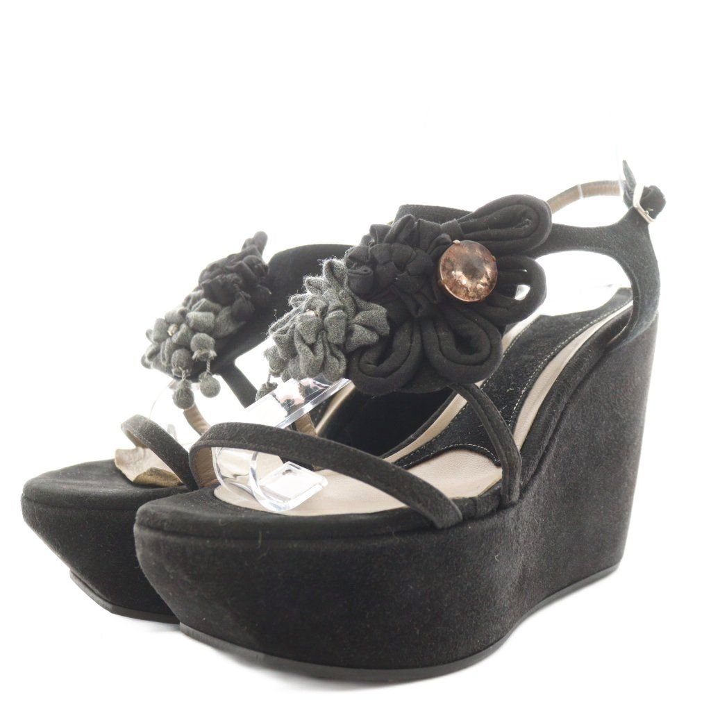 マルニ MARNI サンダル ウェッジソール 厚底 ストラップ フラワーモチーフ スエード 36 黒 ブラック AN20