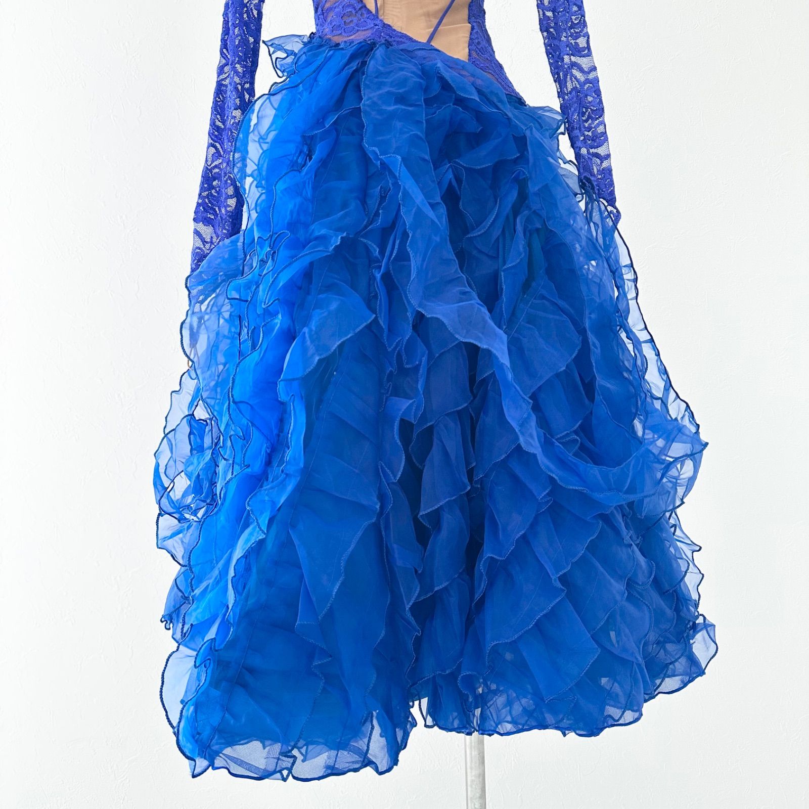 タカダンス 社交ダンス レース フリル ビジュー付 ドレス サファイアブルー M タカダンス 社交ダンス レース フリル ビジュー付 ドレス