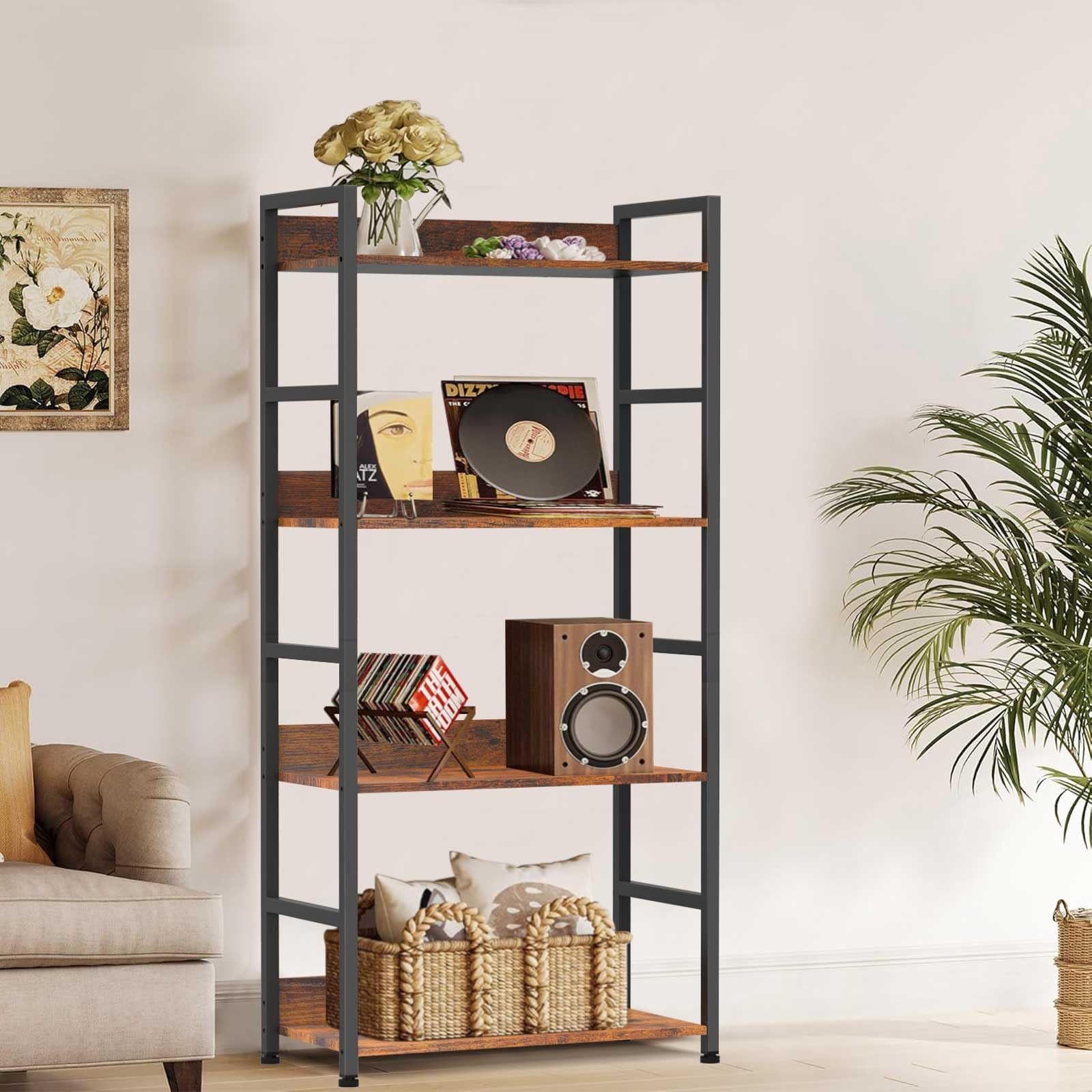 人気商品 おしゃれ 本棚 キッチンラック 木目調 収納ラック 幅60×奥行30×高さ120cm 耐久 オープンシェルフ 組立簡単 4段 ラック 高耐荷重 棚 リビングルーム キッチン ベッドルーム バスルーム バルコニー 書斎に適用 DSDCDJ