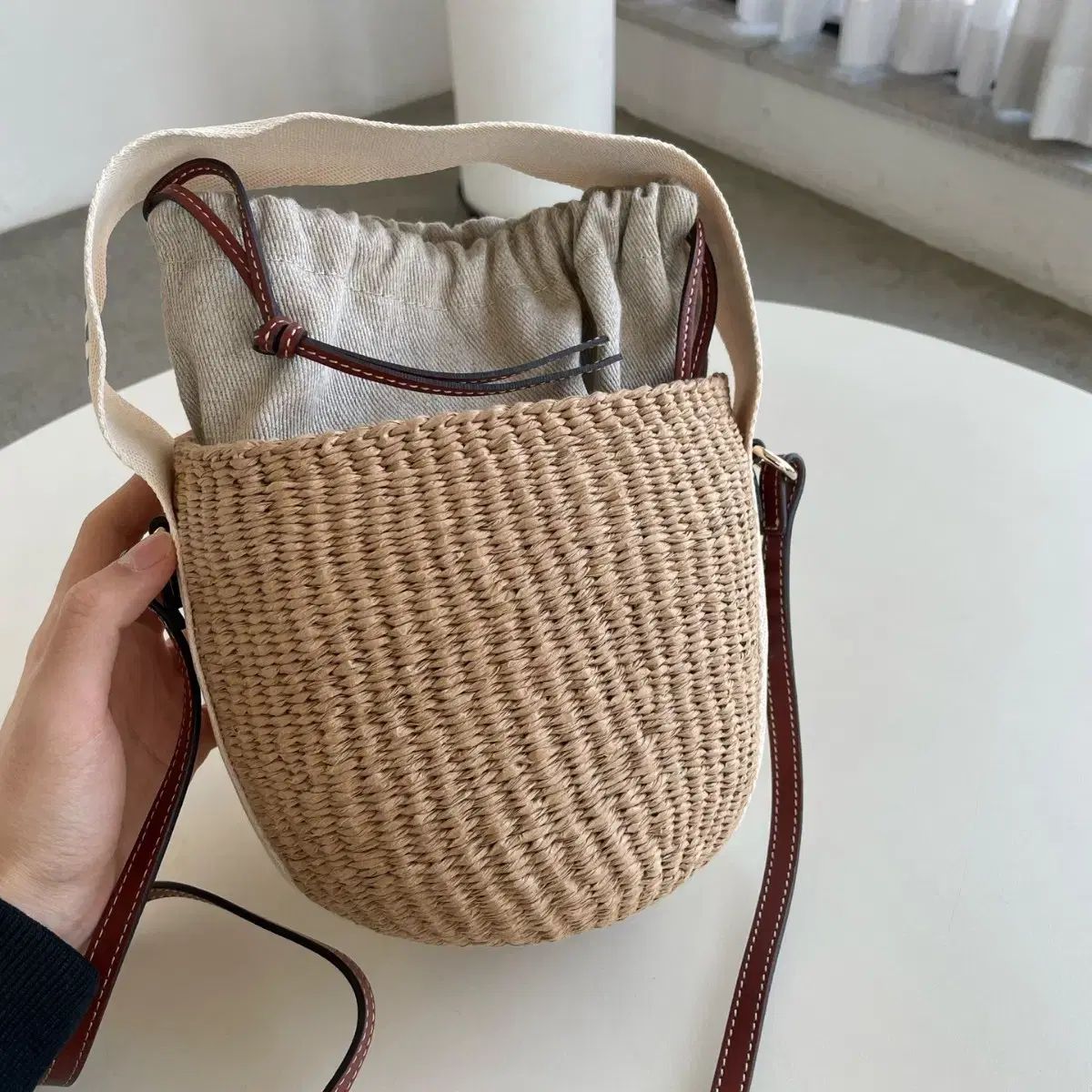 天然繊維を使用したWOODY リボン付き“Woody” ラージカゴ