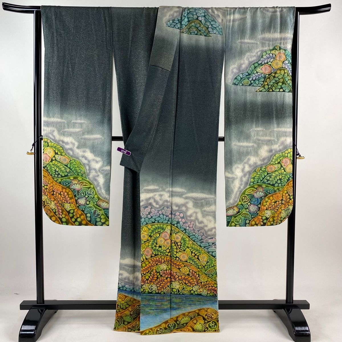 振袖 身丈164.5cm 裄丈67cm M 袷 樋熊哲也 落款 辻が花 山並み 銀通し