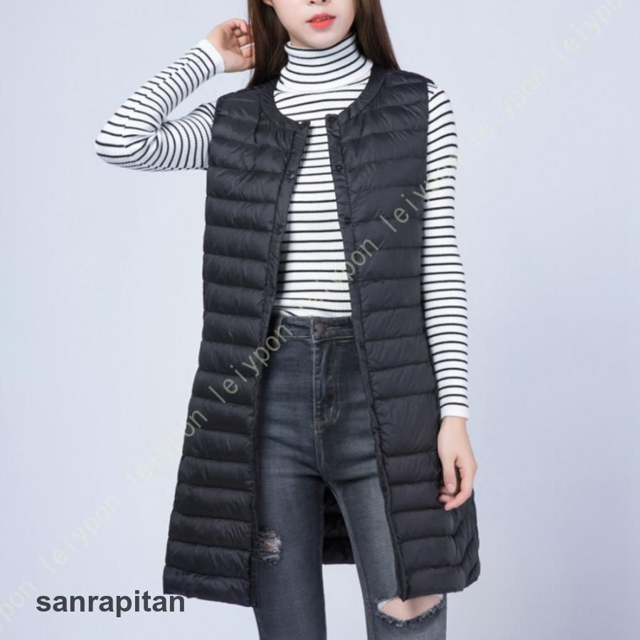 秋 冬 軽量 登山 ダウンベスト レディース 細身 ロング丈 ベスト 女性 大きいサイズ ラウンドネック 黒 おしゃれ FCZYライト インナーダウ