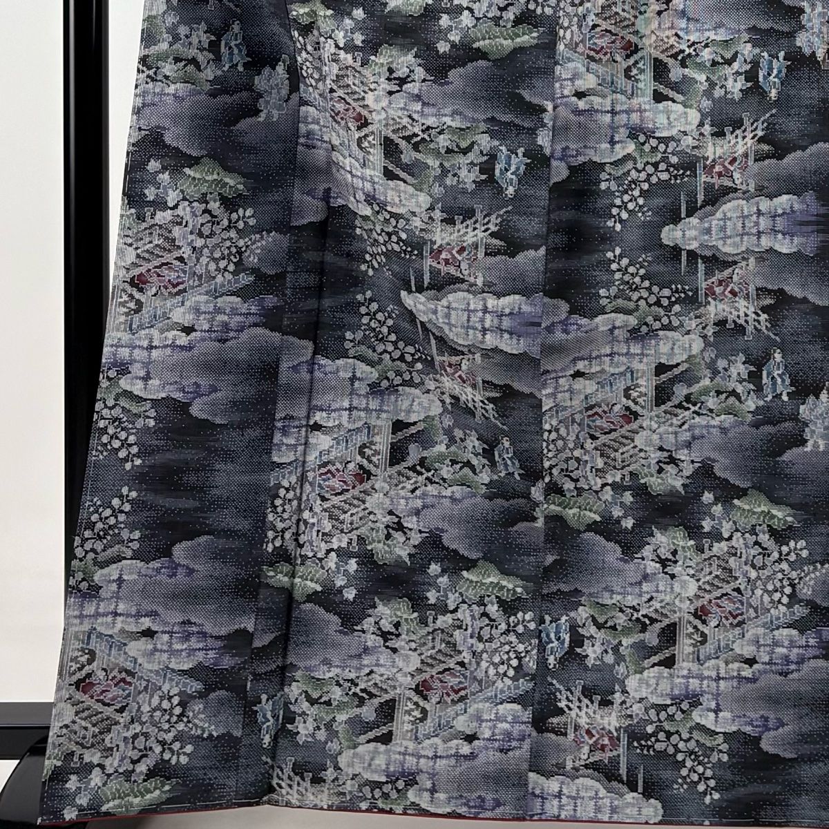 紬 身丈165cm 裄丈65cm M 袷 雲文 人物 黒灰 正絹 秀品