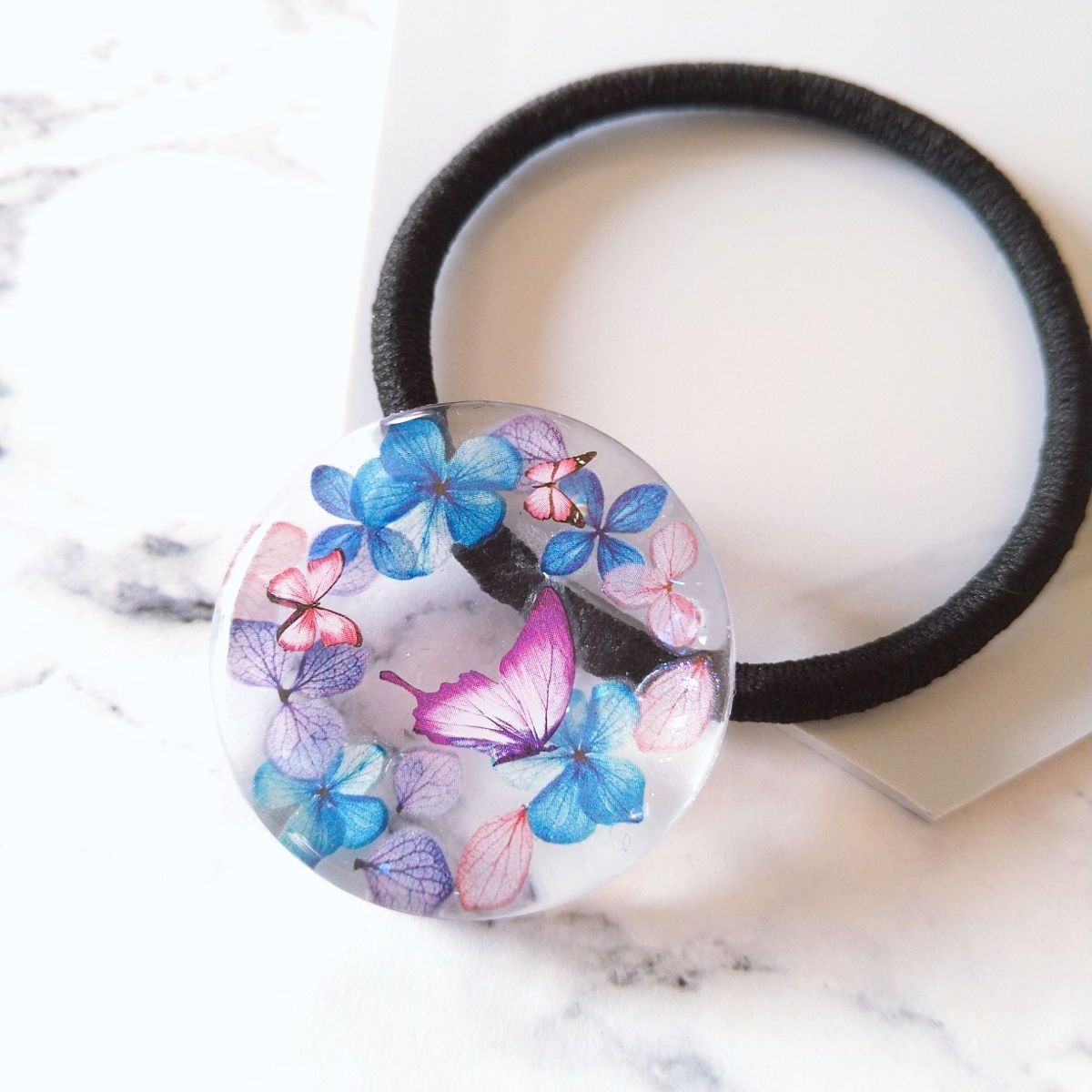 レジンヘアゴム お花畑 ちょうちょ ブルー ハンドメイド レジン