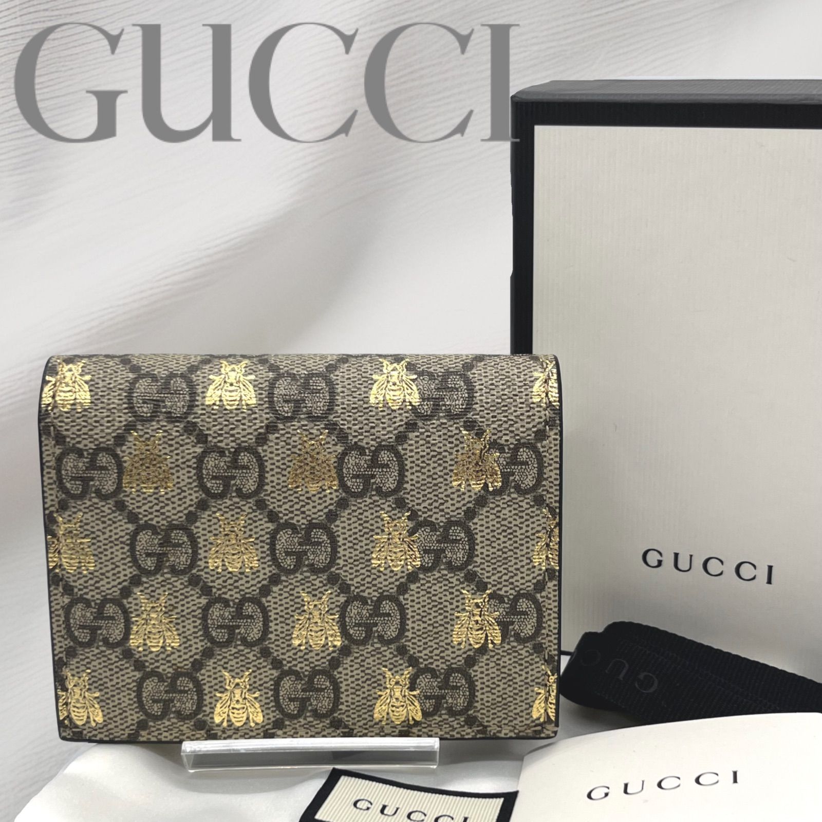 【未使用】希少品 / GUCCI グッチ Bee ビー GGスプリームコンパクトウォレット ベージュ×ゴールド