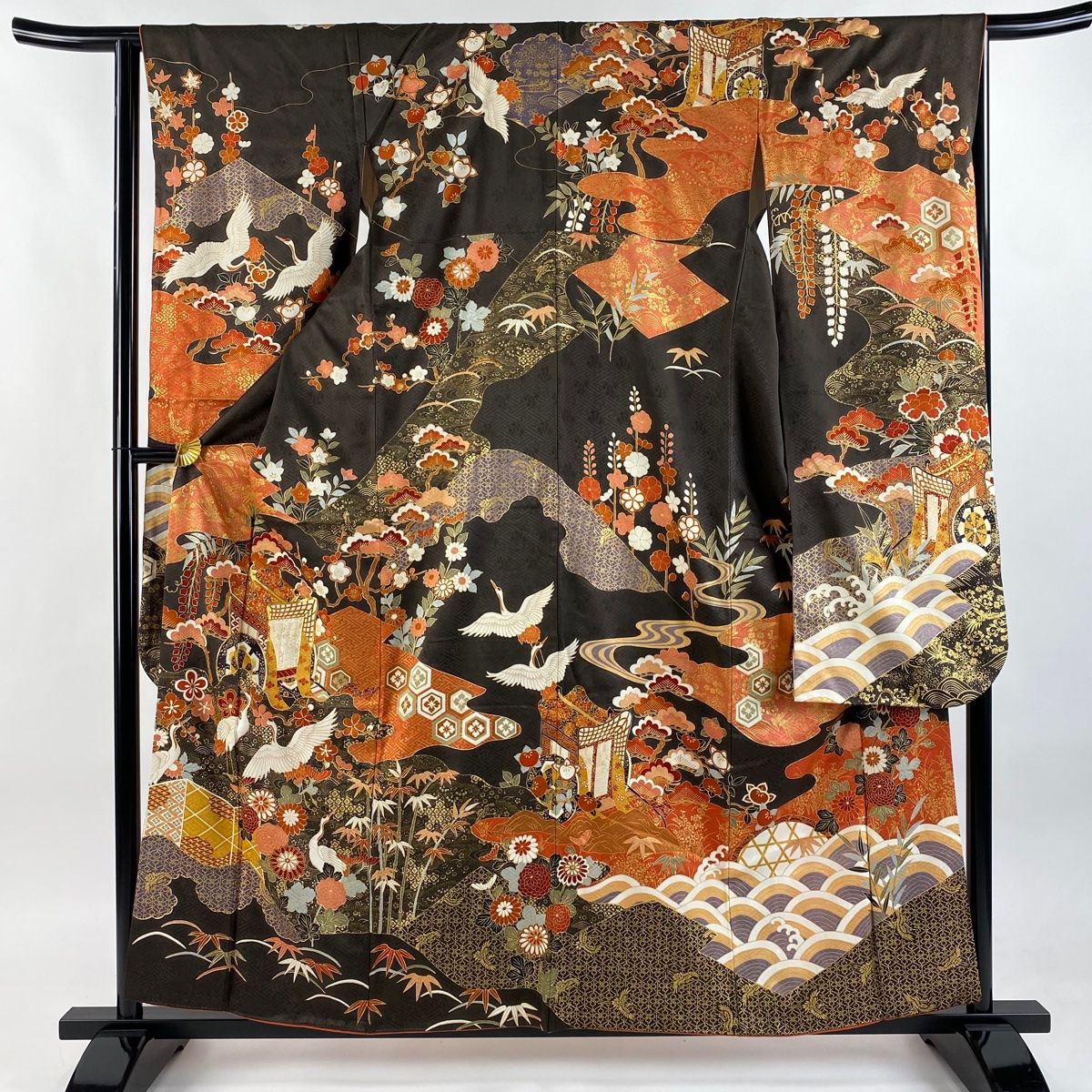 振袖 身丈159cm 裄丈64cm M 袷 御所車 鶴 金糸 金彩 焦茶色 正絹 秀品