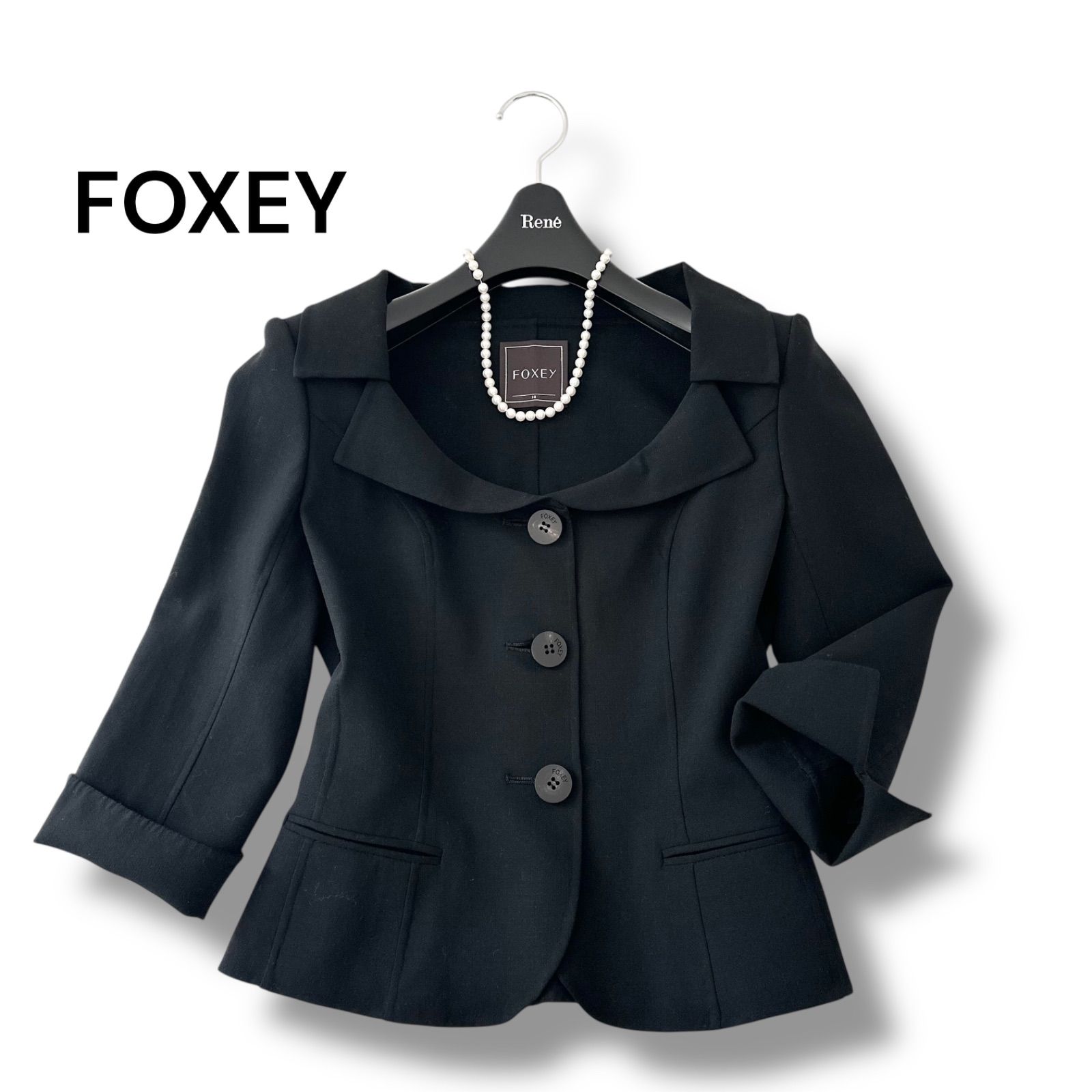 美品】フォクシー セール 女優襟 ショートジャケット ブラック 38 極美  