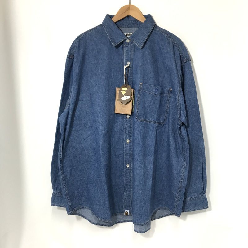 A BATHING APE デニムシャツ チャンピオン リラックスフィット 長袖 袋付 XLサイズ アベアイシングエイプ トップス A13915◆