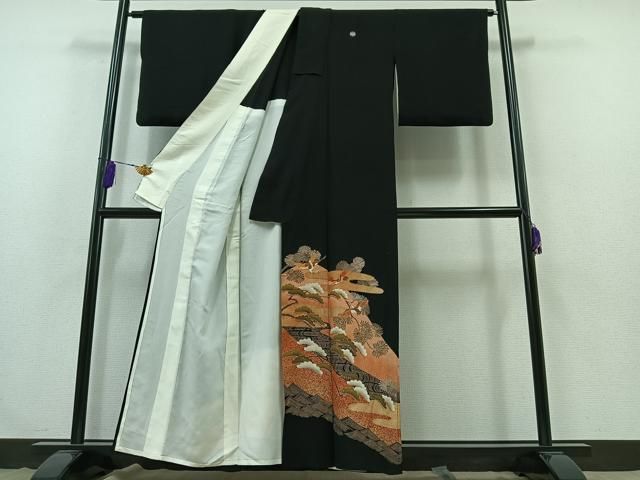 平和屋着物▽豪華黒留袖 単衣 駒刺繍 飛鶴風景松文 金糸 金彩 正絹 AABB3591jh