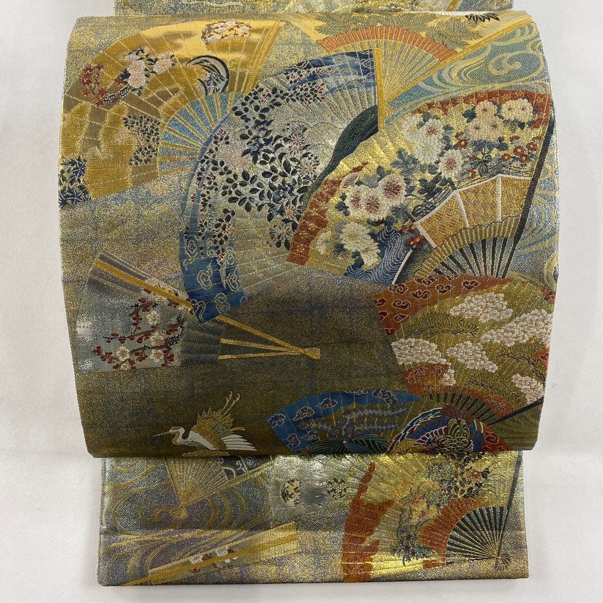 丸帯 逸品 源氏物語 百人一首 金糸 箔 金色 全通 正絹 【中古】（丸帯 