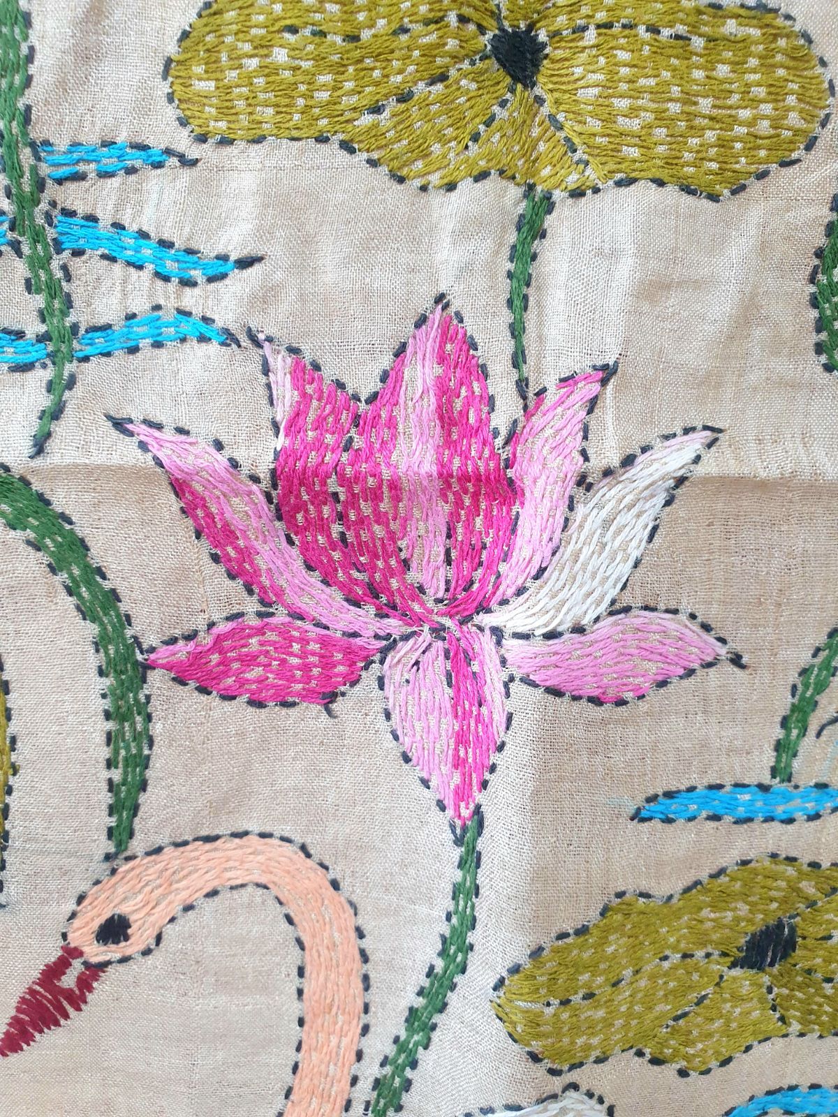カンタ刺繍インドカンタ刺繍 プレミアムタッサーシルク 大判ストール 大地の花