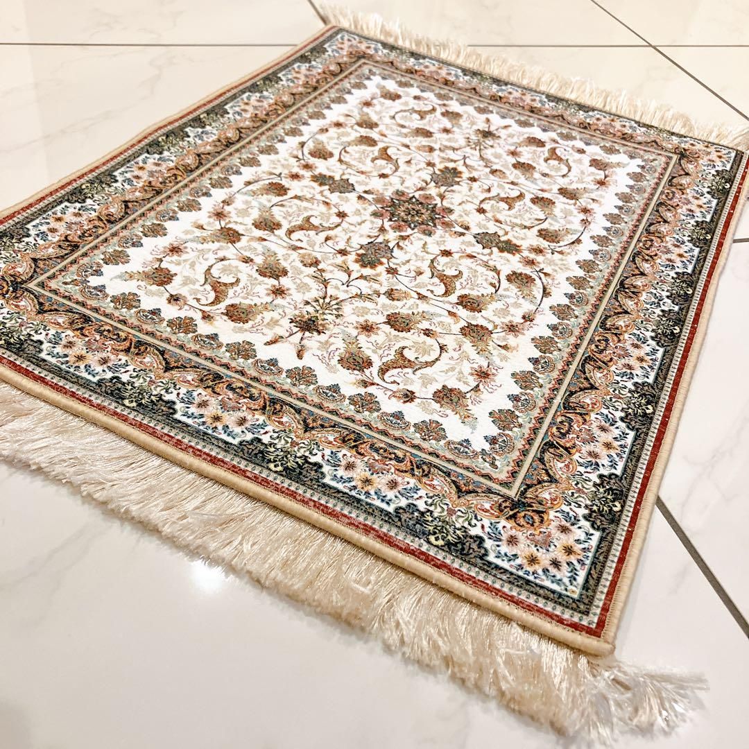 長方形 61×48 トルコ製絨毯 ラグ ペルシャ風 マット 北欧 ホワイト 