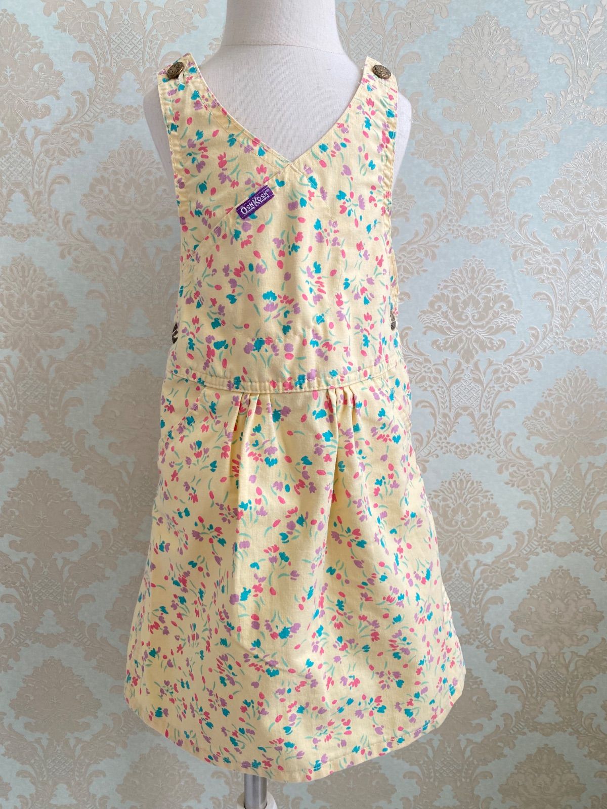 Size 120】vintage USA製 オシュコシュ 花柄 ジャンパースカート 黄色 