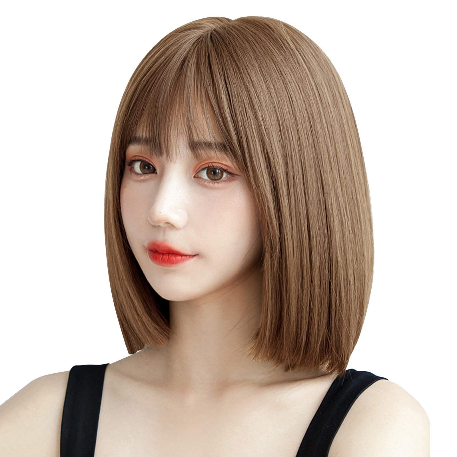 自然 可愛い 耐熱 おしゃれ 小顔 フルウイッグ ファッション セミロング ネット付き ボブショート カツラ wig レディース (浅茶色) Candybay ショート ボブ ウィッグ