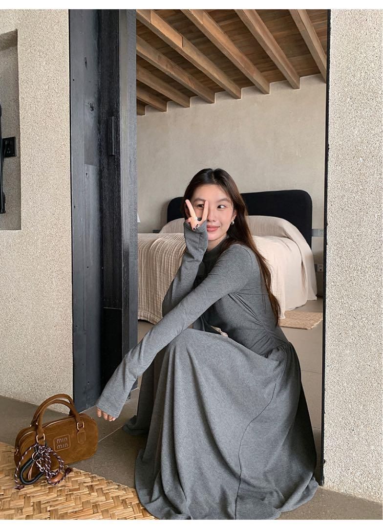 注目度抜群 春のワンショルダーロングニットドレス