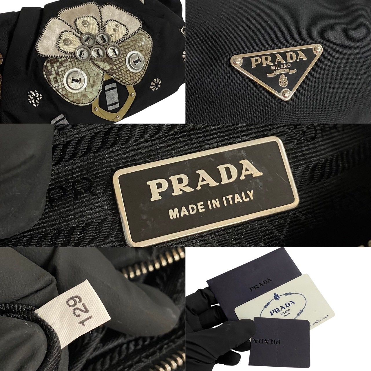 極 美品 PRADA プラダ 三角ロゴ 金具 パッチワーク ナイロン レザー 