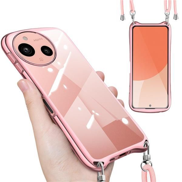 新品AQUOS sense9_ローズゴールド AQUOS sense9 SHG14 ケース クリア ショルダー ストラップ付き アクオス センス9 SH-53E カバー 肩掛け 縄掛け 斜めかけ 透明 TPU 耐衝撃 全面保護 薄型 韓国 可愛い 首掛
