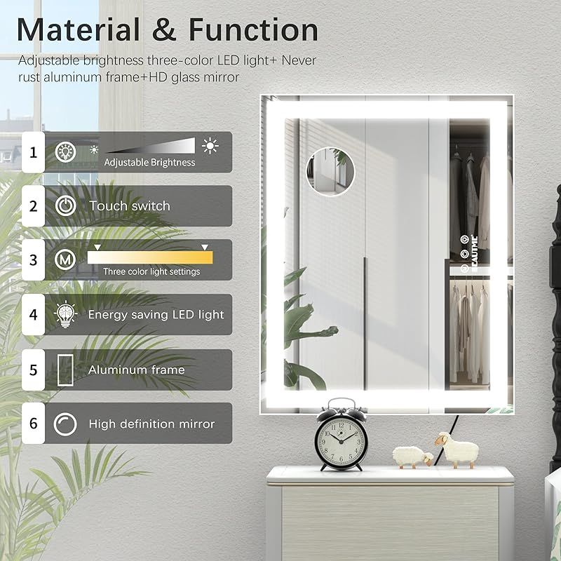 ANYHI 女優ミラー 化粧鏡 ハリウッドミラー 三色照明モード 明るさ調節 10倍拡大鏡付き 女優ライト LEDミ ラー ドレッサー 化粧台適用 48 5 x 40 cm 白い 0