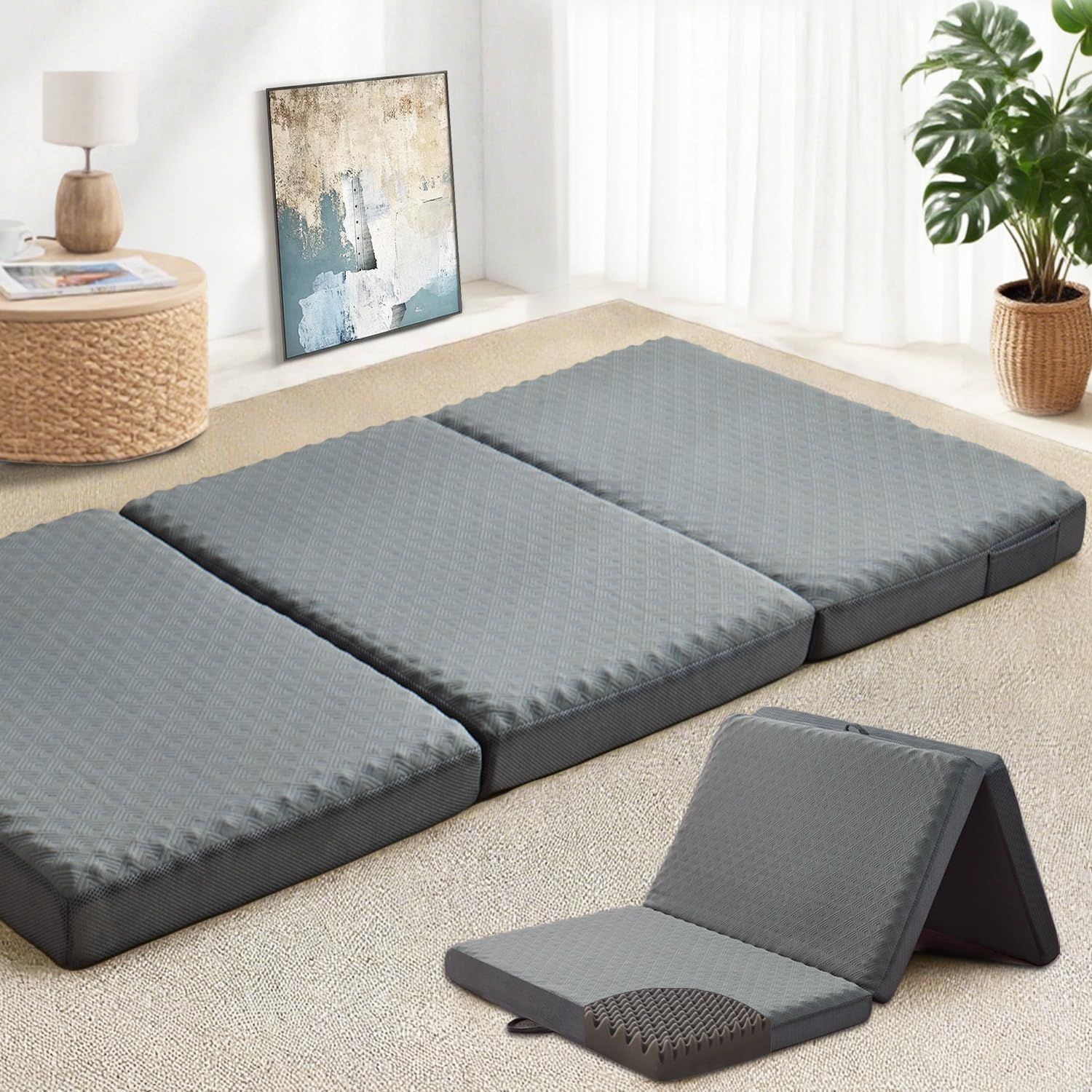 aicomri 折りたたみマットレス 高反発 セミダブル マットレス 折り畳み 体圧分散 凹凸加工 厚さ8cm 高密度28D 硬め190N 滑り止め付加工 防臭防ダニ 洗えるカバー 5年 120x195 cm ダークグレー