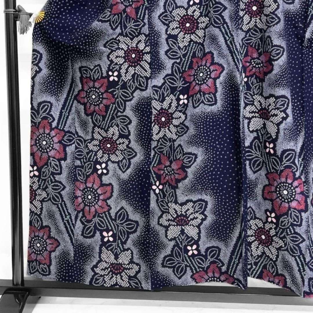 浴衣 有松鳴海絞り 花模様 藍染 線模様 鉄線 ネイビー 着物 041a d