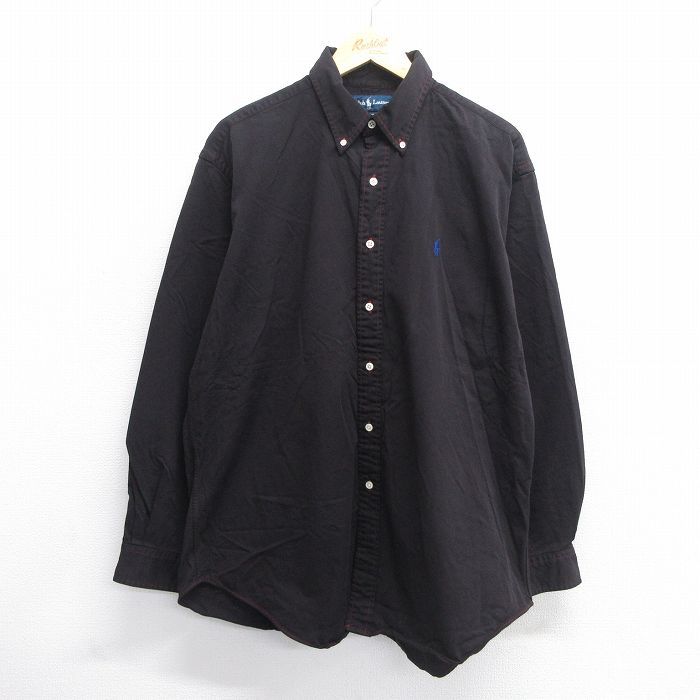 XL|古着 長袖 ブランド シャツ メンズ 90s ワンポイントロゴ BLAKE 大きいサイズ ロング丈 コットン ボタンダウン 黒 ブラック spe 25may14