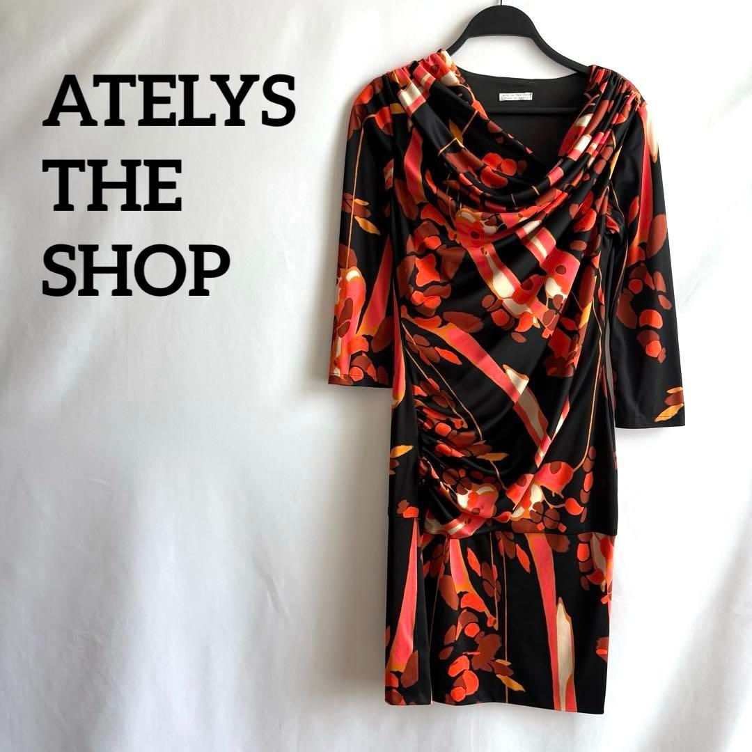 ATELYSTHESHOP黒ブラックオレンジ長袖ワンピース高級感上品日本製