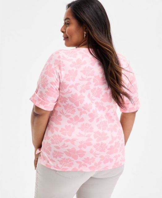 売れ筋商品|||スタイルアンドコー カットソー トップス レディース Plus Size Printed  Elbow-Sleeve Top, Exclusively at Macy's Blushing Combo Style & Co Women's Printed Boat-Neck Elbow-Sleeve Top